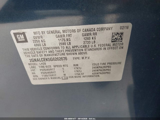 Chevrolet EQUINOX LT 2016 2GNALCEK5G6262676 Image 9