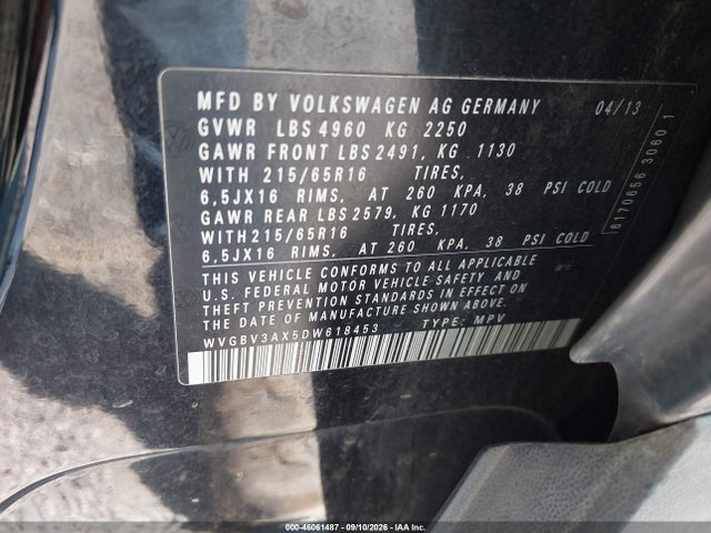 2013 Volkswagen Tiguan S მანქანა იყიდება აუქციონზე, vin: WVGBV3AX5DW618453, აუქციონის ნომერი: 46061487