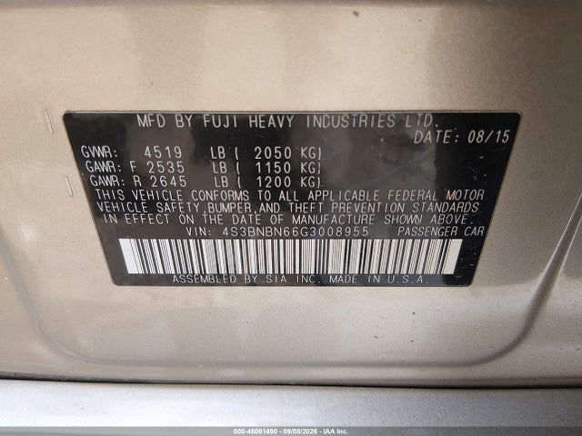 Продажа на аукционе авто 2016 Subaru Legacy 2.5i Limited, vin: 4S3BNBN66G3008955, номер лота: 46061490