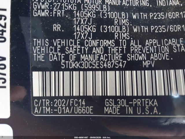 Aukcja sprzedaży 2014 Toyota Sienna Le V6 8 Passenger, vin: 5TDKK3DC5ES487547, numer aukcji: 46061497
