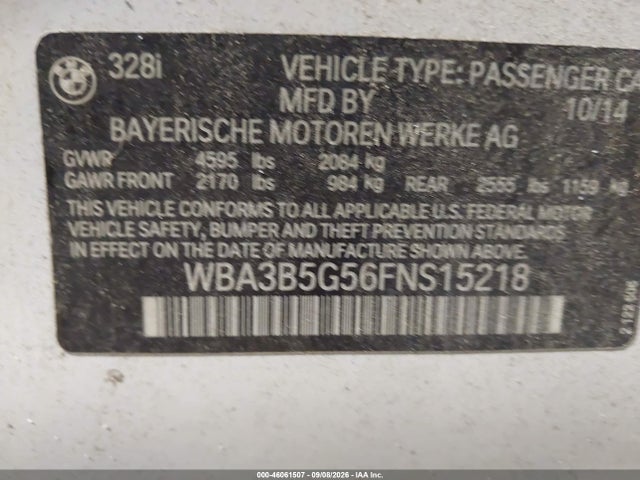Aukcja sprzedaży 2015 Bmw 328i Xdrive, vin: WBA3B5G56FNS15218, numer aukcji: 46061507