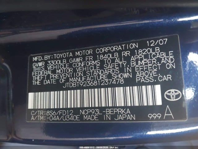 Продаж на аукціоні авто 2008 Toyota Yaris, vin: JTDBT923681237478, номер лоту: 46061512
