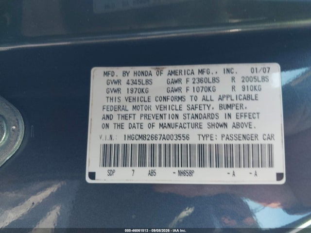 Продажа на аукционе авто 2007 Honda Accord 3.0 Ex, vin: 1HGCM82667A003556, номер лота: 46061513