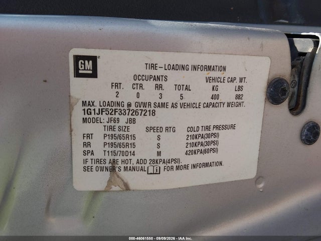 46061550 :رقم المزاد ، 1G1JF52F337267218 vin ، 2003 Chevrolet Cavalier Ls مزاد بيع
