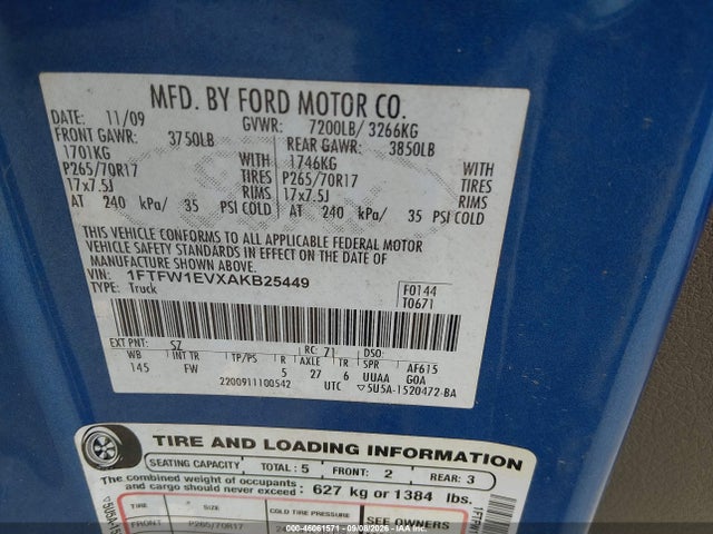 Aukcja sprzedaży 2010 Ford F-150 Fx4/harley-davidson/king Ranch/lariat/platinum/xl/xlt, vin: 1FTFW1EVXAKB25449, numer aukcji: 46061571