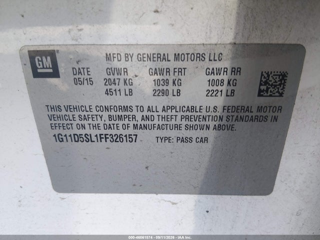 Aukcja sprzedaży 2015 Chevrolet Malibu 2lt, vin: 1G11D5SL1FF326157, numer aukcji: 46061574