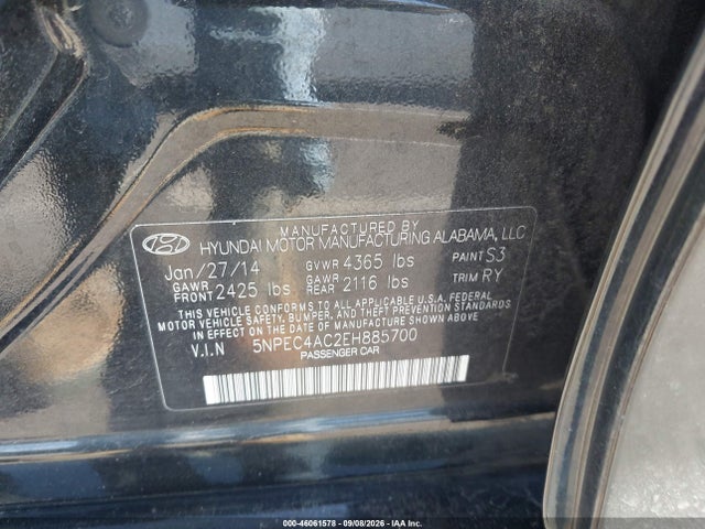 2014 Hyundai Sonata Se მანქანა იყიდება აუქციონზე, vin: 5NPEC4AC2EH885700, აუქციონის ნომერი: 46061578
