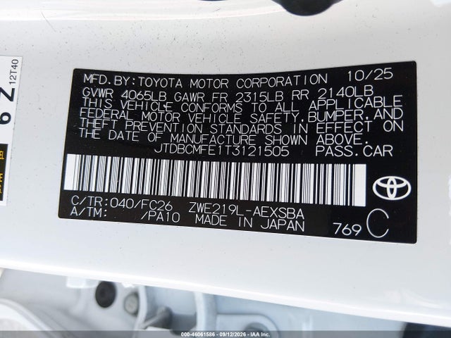 Продажа на аукционе авто 2026 Toyota Corolla Hybrid Hybrid Se, vin: JTDBCMFE1T3121505, номер лота: 46061586