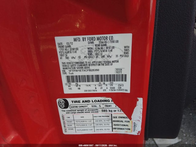 46061587 :رقم المزاد ، 1FTFW1ETXCFB25350 vin ، 2012 Ford F-150 Lariat مزاد بيع