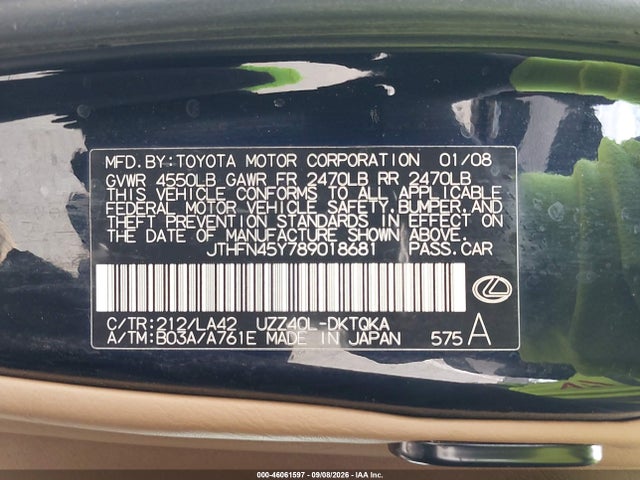 46061597 :رقم المزاد ، JTHFN45Y789018681 vin ، 2008 Lexus Sc 430 مزاد بيع