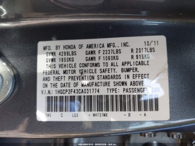 46061610 :رقم المزاد ، 1HGCP2F43CA031774 vin ، 2012 Honda Accord 2.4 Lx-p مزاد بيع