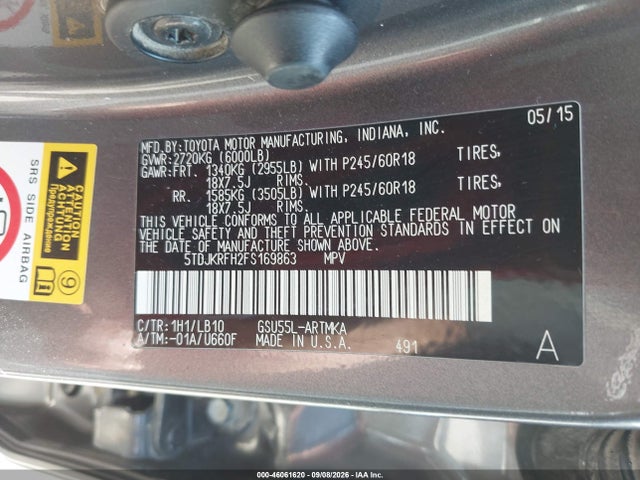 2015 Toyota Highlander Xle V6 მანქანა იყიდება აუქციონზე, vin: 5TDJKRFH2FS169863, აუქციონის ნომერი: 46061620