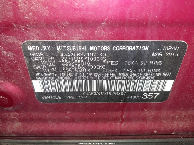 Продажа на аукционе авто 2019 Mitsubishi Outlander Sport 2.0 Se, vin: JA4AR3AU7KU026307, номер лота: 46061623