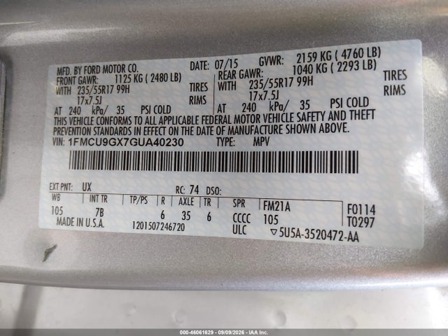 Ford ESCAPE SE 2016 1FMCU9GX7GUA40230 Image 9