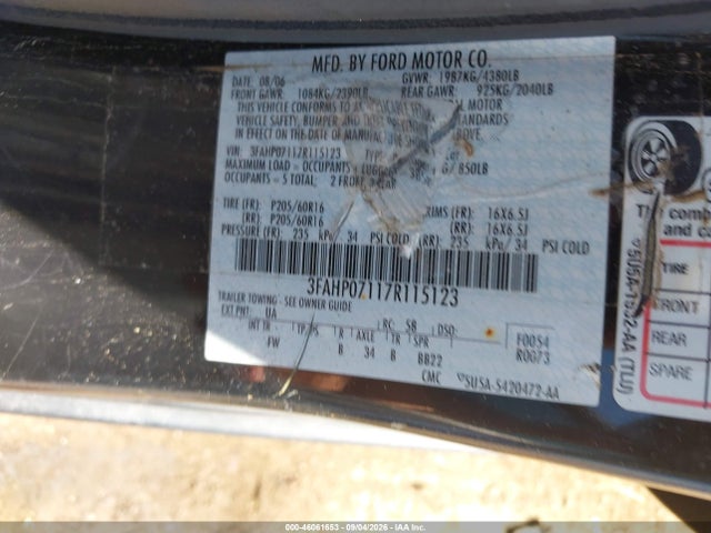 Продаж на аукціоні авто 2007 Ford Fusion Se, vin: 3FAHP07117R115123, номер лоту: 46061653