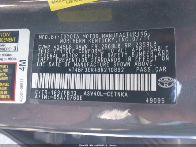 Продаж на аукціоні авто 2011 Toyota Camry Le, vin: 4T4BF3EK4BR210892, номер лоту: 46061660