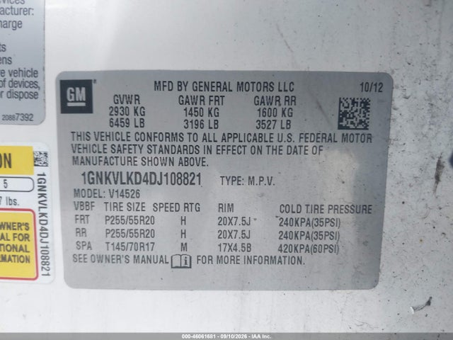 Продаж на аукціоні авто 2013 Chevrolet Traverse Ltz, vin: 1GNKVLKD4DJ108821, номер лоту: 46061681