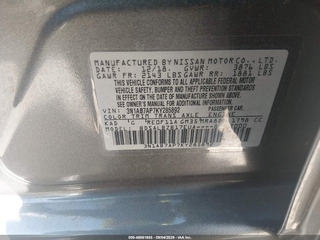 2019 Nissan Sentra S მანქანა იყიდება აუქციონზე, vin: 3N1AB7AP7KY285892, აუქციონის ნომერი: 46061685