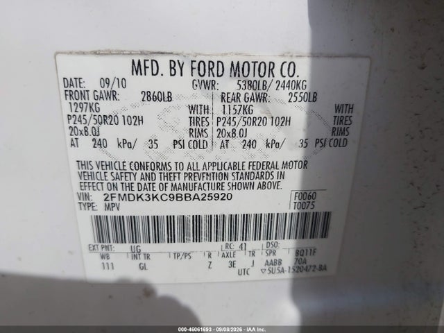 46061693 :رقم المزاد ، 2FMDK3KC9BBA25920 vin ، 2011 Ford Edge Limited مزاد بيع