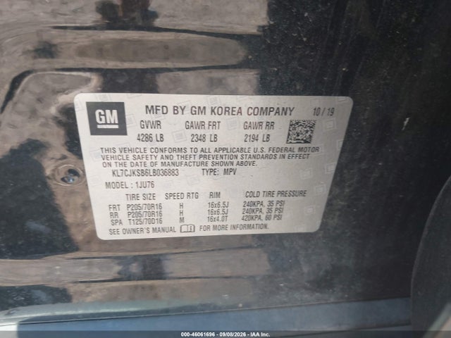 46061696 :رقم المزاد ، KL7CJKSB6LB036883 vin ، 2020 Chevrolet Trax Fwd Ls مزاد بيع