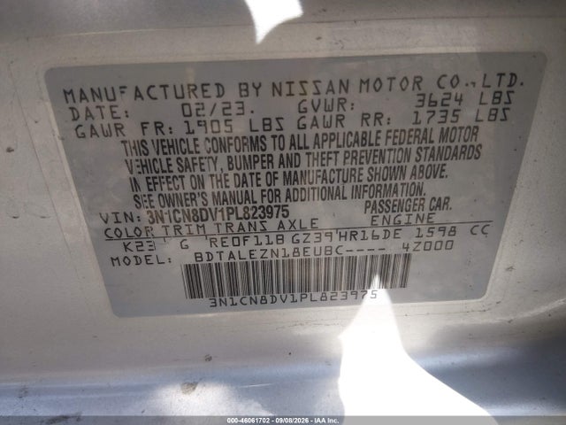 46061702 :رقم المزاد ، 3N1CN8DV1PL823975 vin ، 2023 Nissan Versa 1.6 S Xtronic Cvt مزاد بيع