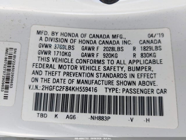 Продажа на аукционе авто 2019 Honda Civic Sport, vin: 2HGFC2F84KH559416, номер лота: 46061703