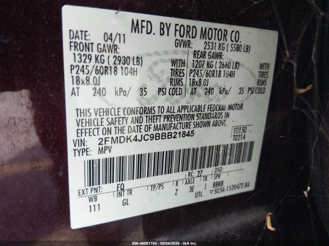 Продажа на аукционе авто 2011 Ford Edge Sel, vin: 2FMDK4JC9BBB21845, номер лота: 46061704