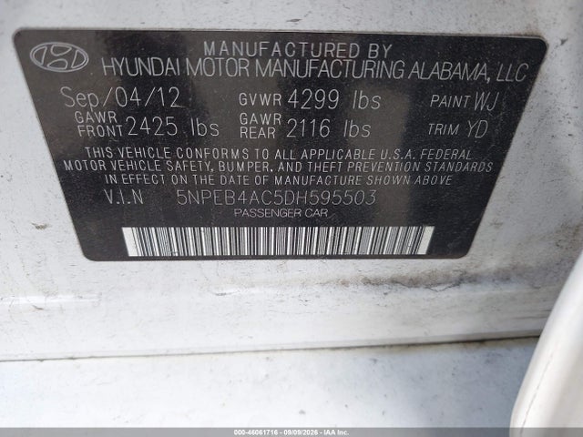 Продажа на аукционе авто 2013 Hyundai Sonata Gls, vin: 5NPEB4AC5DH595503, номер лота: 46061716