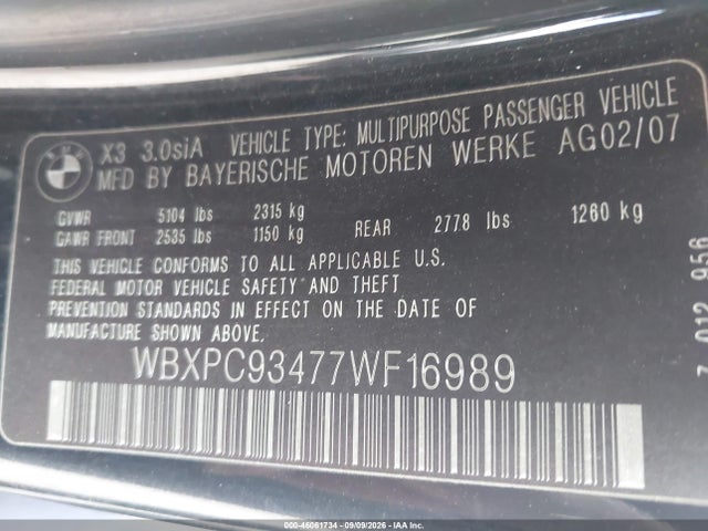 Aukcja sprzedaży 2007 Bmw X3 3.0si, vin: WBXPC93477WF16989, numer aukcji: 46061734