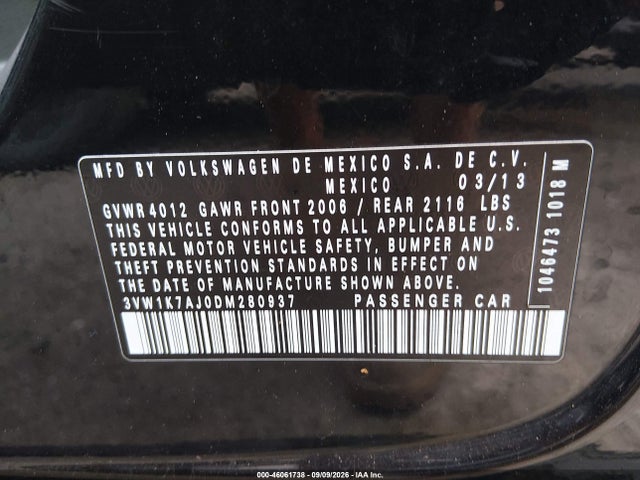 Продажа на аукционе авто 2013 Volkswagen Jetta 2.0l S, vin: 3VW1K7AJ0DM280937, номер лота: 46061738
