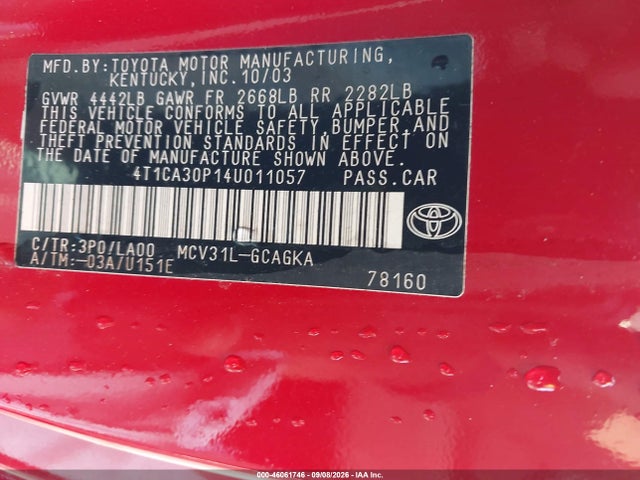 Auction sale of the 2004 Toyota Camry Solara Sle V6, vin: 4T1CA30P14U011057, lot number: 46061746