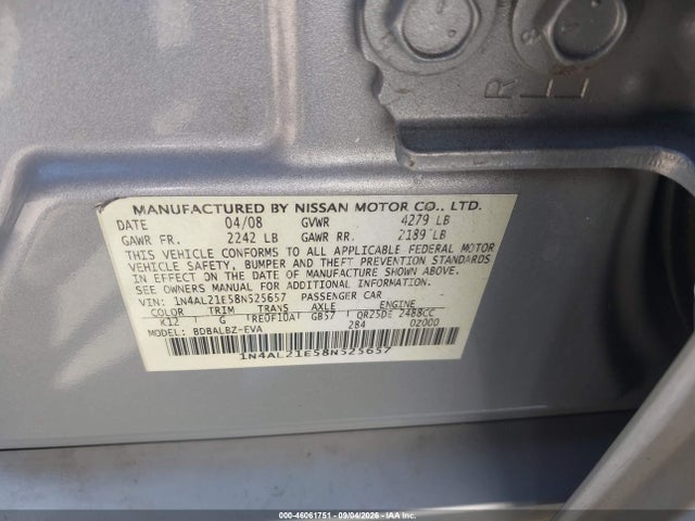 Продаж на аукціоні авто 2008 Nissan Altima 2.5 S, vin: 1N4AL21E58N525657, номер лоту: 46061751