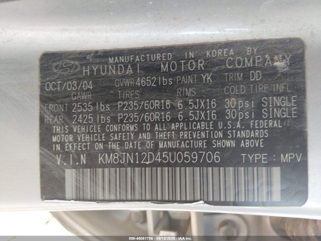 Aukcja sprzedaży 2005 Hyundai Tucson Gls/lx, vin: KM8JN12D45U059706, numer aukcji: 46061756