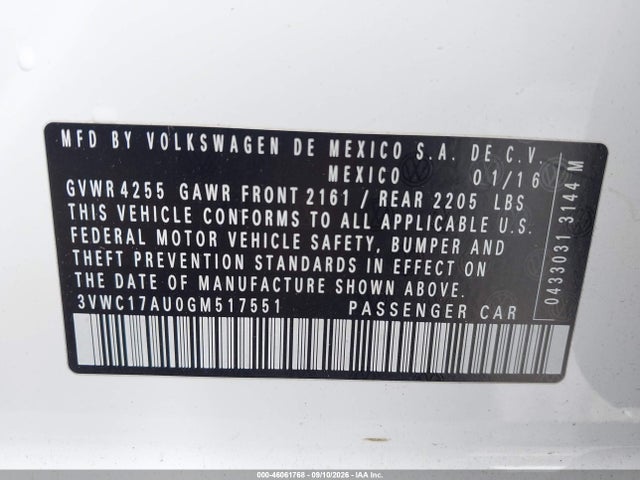 46061768 :رقم المزاد ، 3VWC17AU0GM517551 vin ، 2016 Volkswagen Golf Sportwagen Tsi S 4-door مزاد بيع