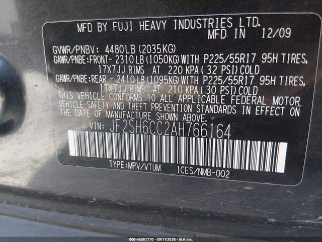 Aukcja sprzedaży 2010 Subaru Forester 2.5x Premium, vin: JF2SH6CC2AH766164, numer aukcji: 46061770