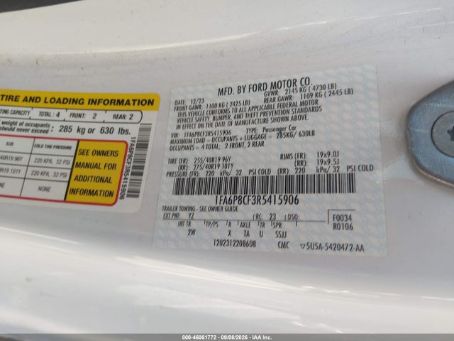 Продажа на аукционе авто 2024 Ford Mustang Gt Fastback, vin: 1FA6P8CF3R5415906, номер лота: 46061772