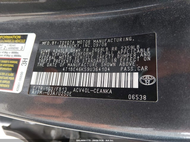Aukcja sprzedaży 2009 Toyota Camry Le, vin: 4T1BE46K59U364104, numer aukcji: 46061775