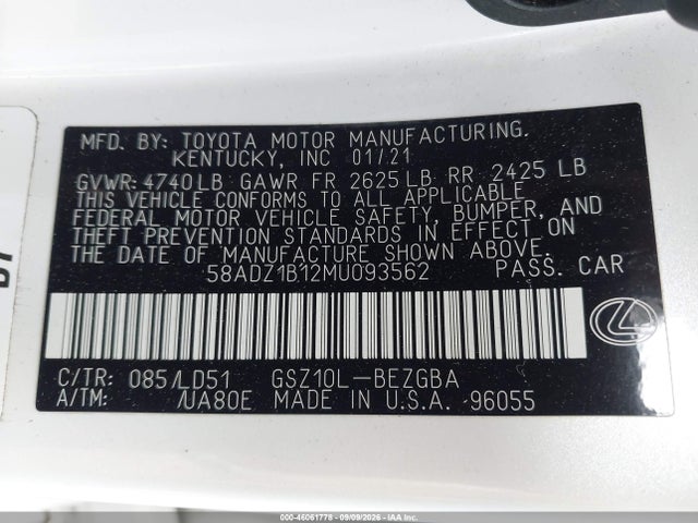 Продажа на аукционе авто 2021 Lexus Es 350, vin: 58ADZ1B12MU093562, номер лота: 46061778