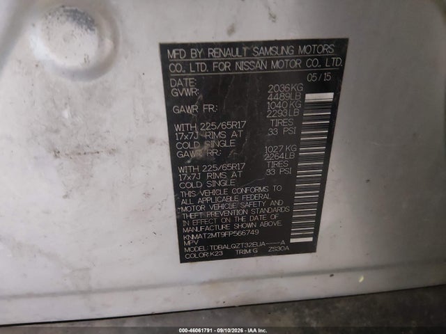 46061791 :رقم المزاد ، KNMAT2MT9FP566749 vin ، 2015 Nissan Rogue Sv مزاد بيع
