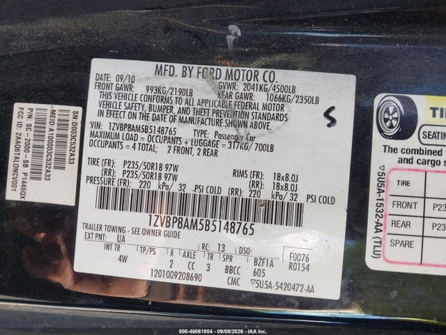 46061804 :رقم المزاد ، 1ZVBP8AM5B5148765 vin ، 2011 Ford Mustang V6 Premium مزاد بيع