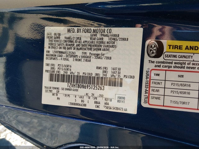 2009 Ford Mustang V6/v6 Premium მანქანა იყიდება აუქციონზე, vin: 1ZVHT80N695125263, აუქციონის ნომერი: 46061809