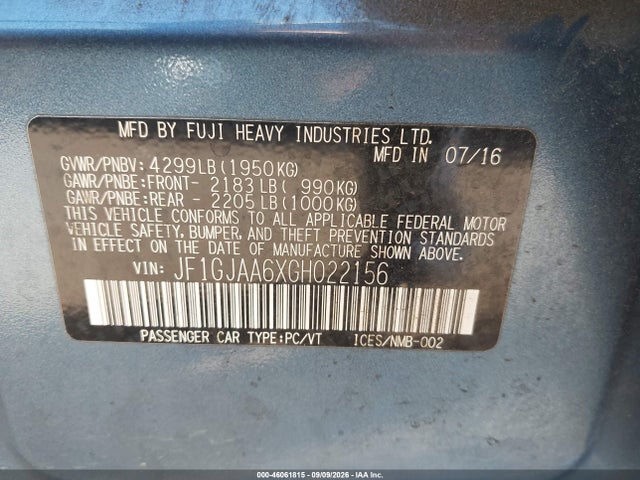 46061815 :رقم المزاد ، JF1GJAA6XGH022156 vin ، 2016 Subaru Impreza 2.0i مزاد بيع