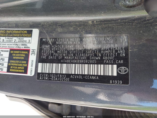 2009 Toyota Camry Le მანქანა იყიდება აუქციონზე, vin: 4T4BE46K89R082805, აუქციონის ნომერი: 46061820