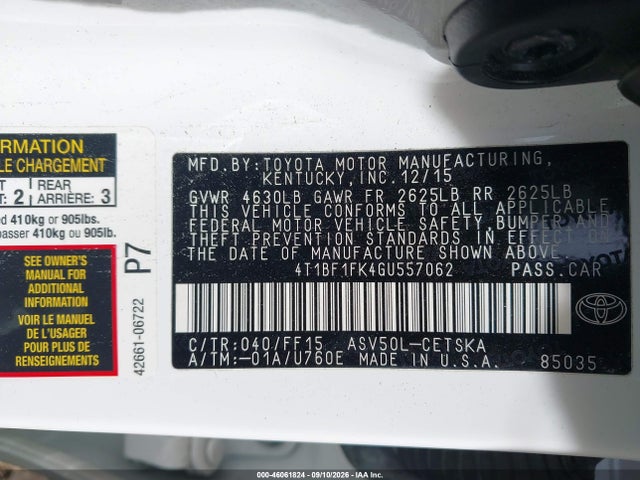 Продажа на аукционе авто 2016 Toyota Camry Se, vin: 4T1BF1FK4GU557062, номер лота: 46061824