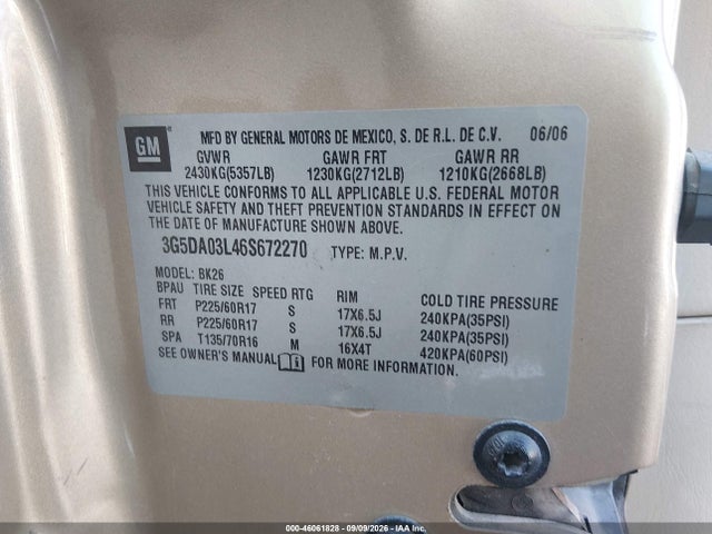 46061828 :رقم المزاد ، 3G5DA03L46S672270 vin ، 2006 Buick Rendezvous Cx مزاد بيع