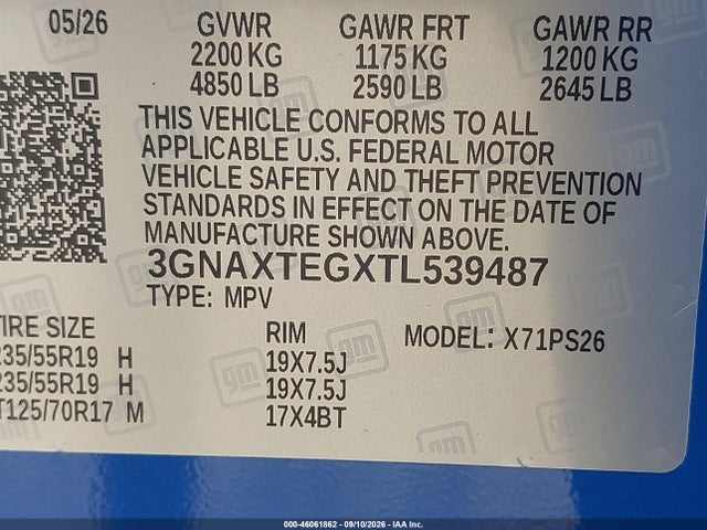 Aukcja sprzedaży 2026 Chevrolet Equinox Awd Rs, vin: 3GNAXTEGXTL539487, numer aukcji: 46061862