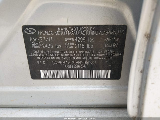 Продаж на аукціоні авто 2011 Hyundai Sonata Gls, vin: 5NPEB4AC9BH290583, номер лоту: 46061864