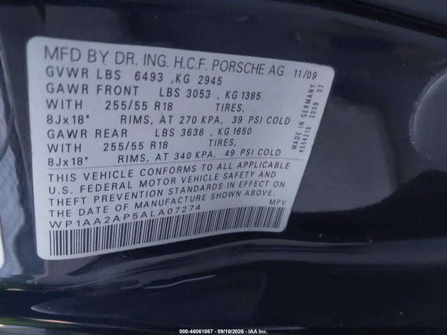 Aukcja sprzedaży 2010 Porsche Cayenne, vin: WP1AA2AP5ALA07274, numer aukcji: 46061867