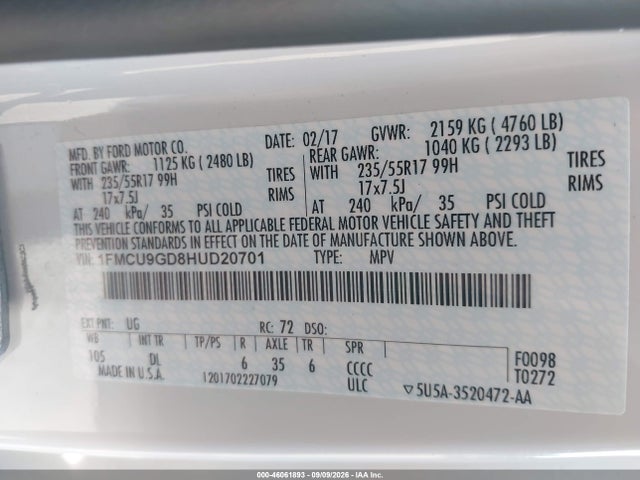 Ford ESCAPE SE 2017 1FMCU9GD8HUD20701 Image 9