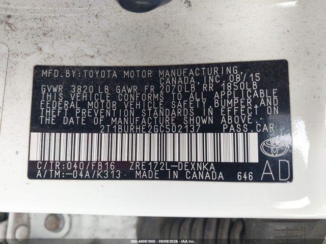Aukcja sprzedaży 2016 Toyota Corolla Le, vin: 2T1BURHE2GC502137, numer aukcji: 46061900